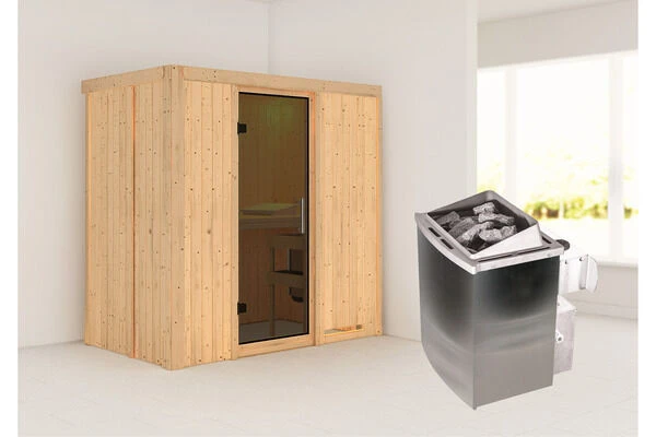 KARIBU Variado Sauna, Naturbelassen, Fichte, 196 X 118 X 198 Cm, Fronteinstieg,mit Graphitfarbener Tür, SET Mit Ofen 4,5 KW Integr. Str. 3 KARIBU Variado Sauna, Naturbelassen, Fichte, 196 X 118 X 198 Cm, Fronteinstieg,mit Graphitfarbener Tür, SET Mit Ofen 4,5 KW Integr. Str.