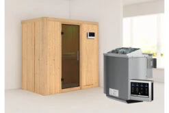 KARIBU Variado Sauna, Naturbelassen, Fichte, 196 X 118 X 198 Cm, Fronteinstieg, Mit Graphitfarbener Tür, SET Mit Ofen 4,5 KW Bio Ext. Strg.