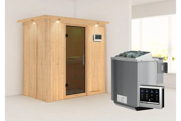 KARIBU Variado Sauna, Naturbelassen, Fichte, 210 X 132 X 202 Cm, Fronteinstieg, Mit Graphitfarbener Tür Und Kranz, SET Mit Ofen 4,5 KW Bio Ext. Strg. 4 KARIBU Variado Sauna, Naturbelassen, Fichte, 210 X 132 X 202 Cm, Fronteinstieg, Mit Graphitfarbener Tür Und Kranz, SET Mit Ofen 4,5 KW Bio Ext. Strg. – Bild 2
