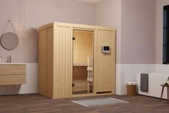 KARIBU Variado Sauna, Naturbelassen, Fichte, 196 X 118 X 198 Cm, Fronteinstieg,mit Klarglastür, SET Mit Ofen 4,5 KW Ext. Strg. Easy