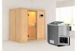 KARIBU Variado Sauna, Naturbelassen, Fichte, 196 X 118 X 198 Cm, Fronteinstieg, Mit Klarglastür, SET Mit Ofen 4,5 KW Bio Ext. Strg.
