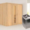 KARIBU Bodin Sauna, Naturbelassen, Fichte, 196 X 151 X 198 Cm, Fronteinstieg, Mit Energiespartür, SET Mit Ofen 4,5 KW Integr. Str.