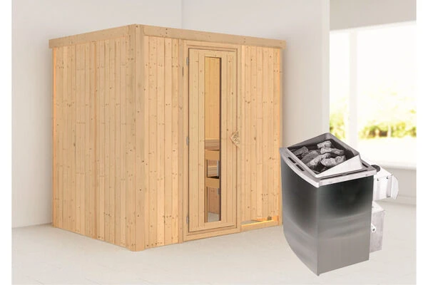 KARIBU Bodin Sauna, Naturbelassen, Fichte, 196 X 151 X 198 Cm, Fronteinstieg, Mit Energiespartür, SET Mit Ofen 4,5 KW Integr. Str. 3 KARIBU Bodin Sauna, Naturbelassen, Fichte, 196 X 151 X 198 Cm, Fronteinstieg, Mit Energiespartür, SET Mit Ofen 4,5 KW Integr. Str.