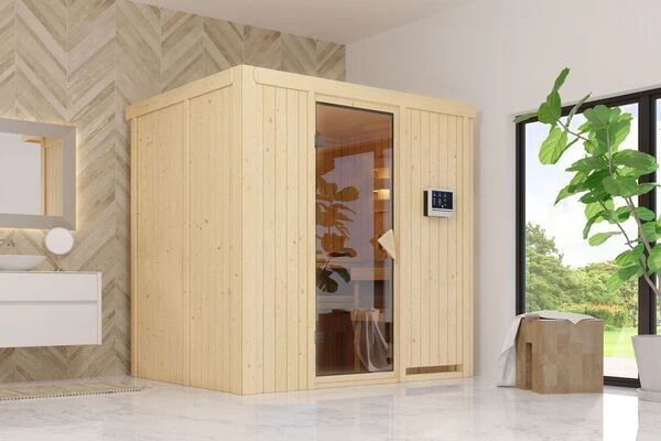 KARIBU Bodin Sauna, Naturbelassen, Fichte, 196 X 151 X 198 Cm, Fronteinstieg,mit Bronzierter Tür SETmit Ofen 4,5 KW Ext. Strg. Easy 3 KARIBU Bodin Sauna, Naturbelassen, Fichte, 196 X 151 X 198 Cm, Fronteinstieg,mit Bronzierter Tür SETmit Ofen 4,5 KW Ext. Strg. Easy