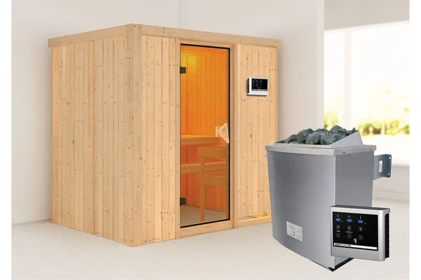 KARIBU Bodin Sauna, Naturbelassen, Fichte, 196 X 151 X 198 Cm, Fronteinstieg,mit Bronzierter Tür SETmit Ofen 4,5 KW Ext. Strg. Easy 4 KARIBU Bodin Sauna, Naturbelassen, Fichte, 196 X 151 X 198 Cm, Fronteinstieg,mit Bronzierter Tür SETmit Ofen 4,5 KW Ext. Strg. Easy – Bild 2