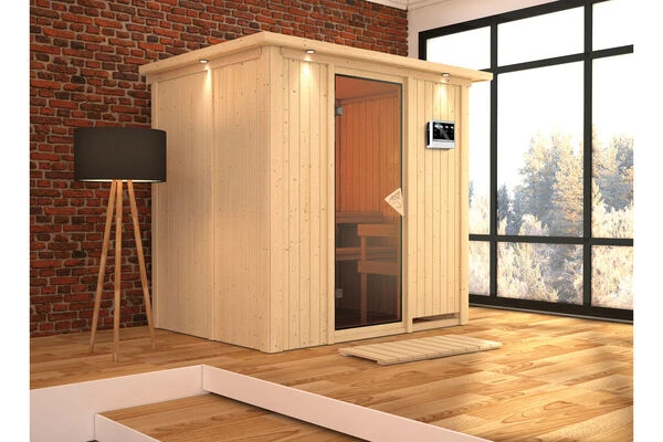 KARIBU Bodin Sauna, Naturbelassen, Fichte, 210 X 165 X 202 Cm, Fronteinstieg,mit Bronzierter Tür Und Kranz SETmit Ofen 4,5 KW Bio Ext. Strg. 3 KARIBU Bodin Sauna, Naturbelassen, Fichte, 210 X 165 X 202 Cm, Fronteinstieg,mit Bronzierter Tür Und Kranz SETmit Ofen 4,5 KW Bio Ext. Strg.