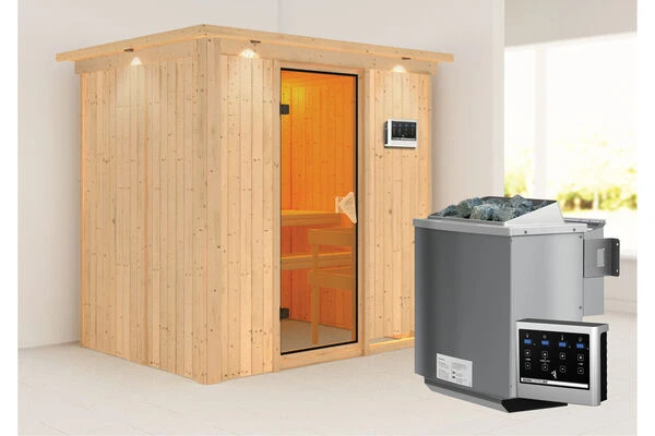 KARIBU Bodin Sauna, Naturbelassen, Fichte, 210 X 165 X 202 Cm, Fronteinstieg,mit Bronzierter Tür Und Kranz SETmit Ofen 4,5 KW Bio Ext. Strg. 4 KARIBU Bodin Sauna, Naturbelassen, Fichte, 210 X 165 X 202 Cm, Fronteinstieg,mit Bronzierter Tür Und Kranz SETmit Ofen 4,5 KW Bio Ext. Strg. – Bild 2