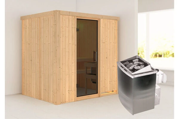 KARIBU Bodin Sauna, Naturbelassen, Fichte, 196 X 151 X 198 Cm, Fronteinstieg,mit Graphitfarbener Tür SETmit Ofen 4,5 KW Integr. Str. 3 KARIBU Bodin Sauna, Naturbelassen, Fichte, 196 X 151 X 198 Cm, Fronteinstieg,mit Graphitfarbener Tür SETmit Ofen 4,5 KW Integr. Str.