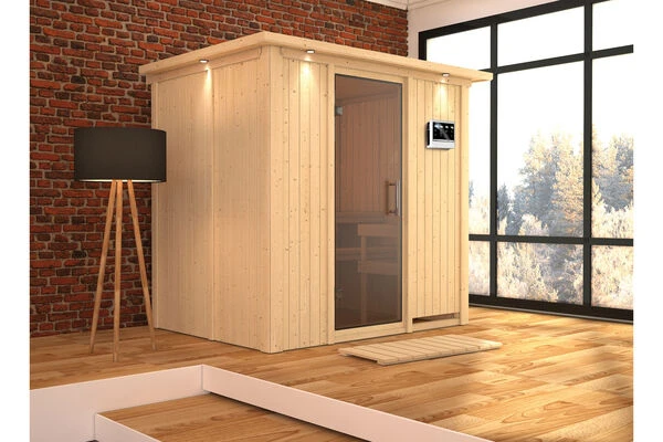 KARIBU Bodin Sauna, Naturbelassen, Fichte, 210 X 165 X 202 Cm, Fronteinstieg,mit Graphitfarbener Tür Und Kranz SETmit Ofen 4,5 KW Bio Ext. Strg. 3 KARIBU Bodin Sauna, Naturbelassen, Fichte, 210 X 165 X 202 Cm, Fronteinstieg,mit Graphitfarbener Tür Und Kranz SETmit Ofen 4,5 KW Bio Ext. Strg.