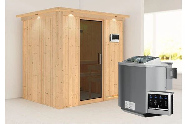 KARIBU Bodin Sauna, Naturbelassen, Fichte, 210 X 165 X 202 Cm, Fronteinstieg,mit Graphitfarbener Tür Und Kranz SETmit Ofen 4,5 KW Bio Ext. Strg. 4 KARIBU Bodin Sauna, Naturbelassen, Fichte, 210 X 165 X 202 Cm, Fronteinstieg,mit Graphitfarbener Tür Und Kranz SETmit Ofen 4,5 KW Bio Ext. Strg. – Bild 2