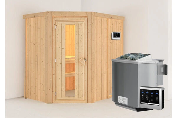 KARIBU Carin Sauna, Naturbelassen, Fichte, 196 X 151 X 198 Cm, Eckeinstieg,mit Energiespartür SETmit Ofen 4,5 KW Bio Ext. Strg. 3 KARIBU Carin Sauna, Naturbelassen, Fichte, 196 X 151 X 198 Cm, Eckeinstieg,mit Energiespartür SETmit Ofen 4,5 KW Bio Ext. Strg.
