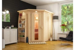 KARIBU Carin Sauna, Naturbelassen, Fichte, 210 X 165 X 202 Cm, Eckeinstieg,mit Energiespartür Und Kranz SETmit Ofen 4,5 KW Integr. Str.