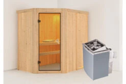 KARIBU Carin Sauna, Naturbelassen, Fichte, 196 X 151 X 198 Cm, Eckeinstieg,mit Bronzierter Tür SETmit Ofen 4,5 KW Integr. Str.