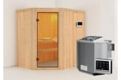 KARIBU Carin Sauna, Naturbelassen, Fichte, 196 X 151 X 198 Cm, Eckeinstieg,mit Bronzierter Tür SETmit Ofen 4,5 KW Bio Ext. Strg.
