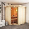KARIBU Carin Sauna, Naturbelassen, Fichte, 210 X 165 X 202 Cm, Eckeinstieg,mit Bronzierter Tür Und Kranz SETmit Ofen 4,5 KW Integr. Str. -Kettler Verkaufs-Shop 30929 4 01.jpg