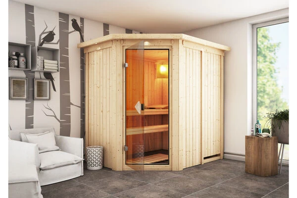 KARIBU Carin Sauna, Naturbelassen, Fichte, 210 X 165 X 202 Cm, Eckeinstieg,mit Bronzierter Tür Und Kranz SETmit Ofen 4,5 KW Integr. Str. 3 KARIBU Carin Sauna, Naturbelassen, Fichte, 210 X 165 X 202 Cm, Eckeinstieg,mit Bronzierter Tür Und Kranz SETmit Ofen 4,5 KW Integr. Str.