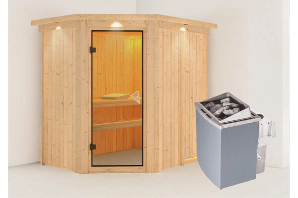 KARIBU Carin Sauna, Naturbelassen, Fichte, 210 X 165 X 202 Cm, Eckeinstieg,mit Bronzierter Tür Und Kranz SETmit Ofen 4,5 KW Integr. Str. 4 KARIBU Carin Sauna, Naturbelassen, Fichte, 210 X 165 X 202 Cm, Eckeinstieg,mit Bronzierter Tür Und Kranz SETmit Ofen 4,5 KW Integr. Str. – Bild 2