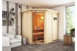 KARIBU Carin Sauna, Naturbelassen, Fichte, 210 X 165 X 202 Cm, Eckeinstieg,mit Bronzierter Tür Und Kranz SETmit Ofen 4,5 KW Ext. Strg. Easy