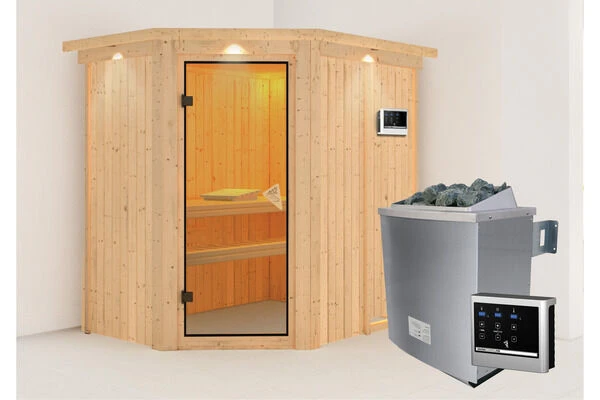 KARIBU Carin Sauna, Naturbelassen, Fichte, 210 X 165 X 202 Cm, Eckeinstieg,mit Bronzierter Tür Und Kranz SETmit Ofen 4,5 KW Ext. Strg. Easy 4 KARIBU Carin Sauna, Naturbelassen, Fichte, 210 X 165 X 202 Cm, Eckeinstieg,mit Bronzierter Tür Und Kranz SETmit Ofen 4,5 KW Ext. Strg. Easy – Bild 2