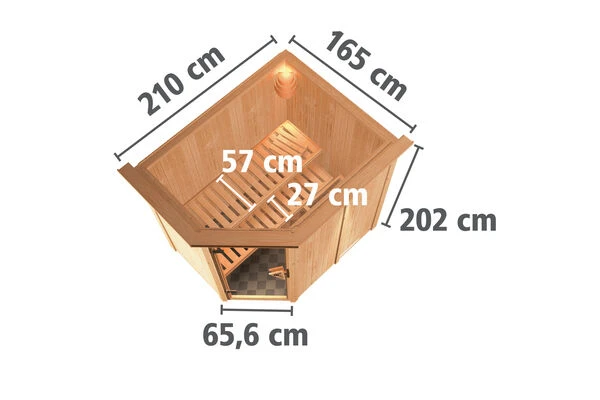 KARIBU Carin Sauna, Naturbelassen, Fichte, 210 X 165 X 202 Cm, Eckeinstieg,mit Bronzierter Tür Und Kranz SETmit Ofen 4,5 KW Ext. Strg. Easy 7 KARIBU Carin Sauna, Naturbelassen, Fichte, 210 X 165 X 202 Cm, Eckeinstieg,mit Bronzierter Tür Und Kranz SETmit Ofen 4,5 KW Ext. Strg. Easy – Bild 5