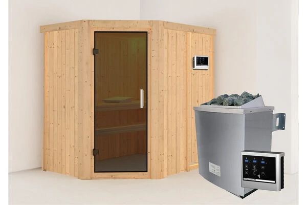 KARIBU Carin Sauna, Naturbelassen, Fichte, 196 X 151 X 198 Cm, Eckeinstieg,mit Graphitfarbener Tür SETmit Ofen 4,5 KW Ext. Strg. Easy 3 KARIBU Carin Sauna, Naturbelassen, Fichte, 196 X 151 X 198 Cm, Eckeinstieg,mit Graphitfarbener Tür SETmit Ofen 4,5 KW Ext. Strg. Easy