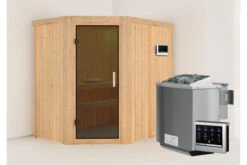 KARIBU Carin Sauna, Naturbelassen, Fichte, 196 X 151 X 198 Cm, Eckeinstieg,mit Graphitfarbener Tür SETmit Ofen 4,5 KW Bio Ext. Strg.