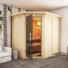KARIBU Carin Sauna, Naturbelassen, Fichte, 210 X 165 X 202 Cm, Eckeinstieg,mit Graphitfarbener Tür Und Kranz SETmit Ofen 4,5 KW Integr. Str. -Kettler Verkaufs-Shop 30930 4 01.jpg
