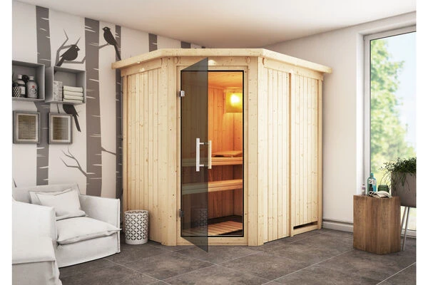 KARIBU Carin Sauna, Naturbelassen, Fichte, 210 X 165 X 202 Cm, Eckeinstieg,mit Graphitfarbener Tür Und Kranz SETmit Ofen 4,5 KW Integr. Str. 3 KARIBU Carin Sauna, Naturbelassen, Fichte, 210 X 165 X 202 Cm, Eckeinstieg,mit Graphitfarbener Tür Und Kranz SETmit Ofen 4,5 KW Integr. Str.