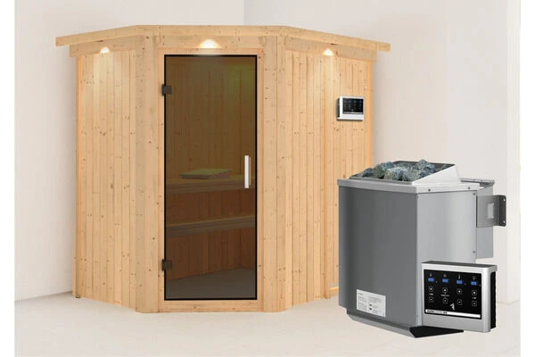 KARIBU Carin Sauna, Naturbelassen, Fichte, 210 X 165 X 202 Cm, Eckeinstieg,mit Graphitfarbener Tür Und Kranz SETmit Ofen 4,5 KW Bio Ext. Strg. 4 KARIBU Carin Sauna, Naturbelassen, Fichte, 210 X 165 X 202 Cm, Eckeinstieg,mit Graphitfarbener Tür Und Kranz SETmit Ofen 4,5 KW Bio Ext. Strg. – Bild 2