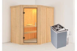 KARIBU Carin Sauna, Naturbelassen, Fichte, 196 X 151 X 198 Cm, Eckeinstieg,mit Klarglastür SETmit Ofen 4,5 KW Integr. Str.