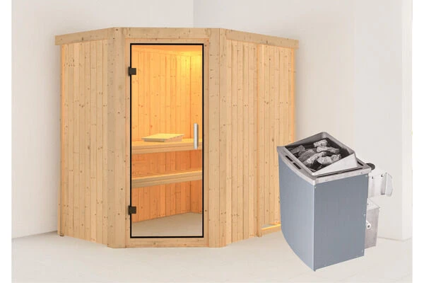 KARIBU Carin Sauna, Naturbelassen, Fichte, 196 X 151 X 198 Cm, Eckeinstieg,mit Klarglastür SETmit Ofen 4,5 KW Integr. Str. 3 KARIBU Carin Sauna, Naturbelassen, Fichte, 196 X 151 X 198 Cm, Eckeinstieg,mit Klarglastür SETmit Ofen 4,5 KW Integr. Str.