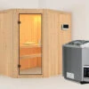 KARIBU Carin Sauna, Naturbelassen, Fichte, 196 X 151 X 198 Cm, Eckeinstieg,mit Klarglastür SETmit Ofen 4,5 KW Bio Ext. Strg.