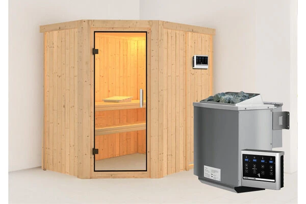 KARIBU Carin Sauna, Naturbelassen, Fichte, 196 X 151 X 198 Cm, Eckeinstieg,mit Klarglastür SETmit Ofen 4,5 KW Bio Ext. Strg. 3 KARIBU Carin Sauna, Naturbelassen, Fichte, 196 X 151 X 198 Cm, Eckeinstieg,mit Klarglastür SETmit Ofen 4,5 KW Bio Ext. Strg.