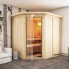 KARIBU Carin Sauna, Naturbelassen, Fichte, 210 X 165 X 202 Cm, Eckeinstieg,mit Klarglastür Und Kranz SETmit Ofen 4,5 KW Integr. Str.
