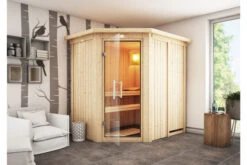 KARIBU Carin Sauna, Naturbelassen, Fichte, 210 X 165 X 202 Cm, Eckeinstieg,mit Klarglastür Und Kranz SETmit Ofen 4,5 KW Integr. Str.
