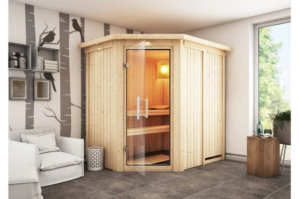 KARIBU Carin Sauna, Naturbelassen, Fichte, 210 X 165 X 202 Cm, Eckeinstieg,mit Klarglastür Und Kranz SETmit Ofen 4,5 KW Integr. Str. 3 KARIBU Carin Sauna, Naturbelassen, Fichte, 210 X 165 X 202 Cm, Eckeinstieg,mit Klarglastür Und Kranz SETmit Ofen 4,5 KW Integr. Str.