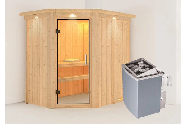 KARIBU Carin Sauna, Naturbelassen, Fichte, 210 X 165 X 202 Cm, Eckeinstieg,mit Klarglastür Und Kranz SETmit Ofen 4,5 KW Integr. Str. 4 KARIBU Carin Sauna, Naturbelassen, Fichte, 210 X 165 X 202 Cm, Eckeinstieg,mit Klarglastür Und Kranz SETmit Ofen 4,5 KW Integr. Str. – Bild 2