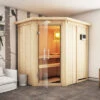 KARIBU Carin Sauna, Naturbelassen, Fichte, 210 X 165 X 202 Cm, Eckeinstieg,mit Klarglastür Und Kranz SETmit Ofen 4,5 KW Ext. Strg. Easy