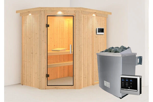 KARIBU Carin Sauna, Naturbelassen, Fichte, 210 X 165 X 202 Cm, Eckeinstieg,mit Klarglastür Und Kranz SETmit Ofen 4,5 KW Ext. Strg. Easy 4 KARIBU Carin Sauna, Naturbelassen, Fichte, 210 X 165 X 202 Cm, Eckeinstieg,mit Klarglastür Und Kranz SETmit Ofen 4,5 KW Ext. Strg. Easy – Bild 2