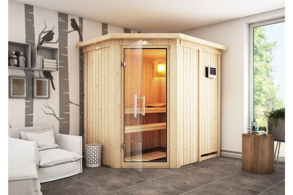 KARIBU Carin Sauna, Naturbelassen, Fichte, 210 X 165 X 202 Cm, Eckeinstieg,mit Klarglastür Und Kranz SETmit Ofen 4,5 KW Bio Ext. Strg. 3 KARIBU Carin Sauna, Naturbelassen, Fichte, 210 X 165 X 202 Cm, Eckeinstieg,mit Klarglastür Und Kranz SETmit Ofen 4,5 KW Bio Ext. Strg.
