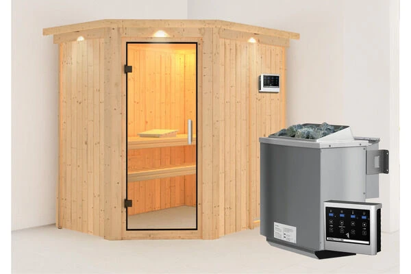 KARIBU Carin Sauna, Naturbelassen, Fichte, 210 X 165 X 202 Cm, Eckeinstieg,mit Klarglastür Und Kranz SETmit Ofen 4,5 KW Bio Ext. Strg. 4 KARIBU Carin Sauna, Naturbelassen, Fichte, 210 X 165 X 202 Cm, Eckeinstieg,mit Klarglastür Und Kranz SETmit Ofen 4,5 KW Bio Ext. Strg. – Bild 2