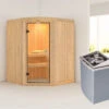 KARIBU Asmada Sauna, Naturbelassen, Fichte, 151 X 151 X 198 Cm, Eckeinstieg, SET Mit Ofen 4,5 KW Integr. Str.