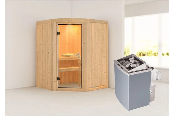 KARIBU Asmada Sauna, Naturbelassen, Fichte, 151 X 151 X 198 Cm, Eckeinstieg, SET Mit Ofen 4,5 KW Integr. Str. 3 KARIBU Asmada Sauna, Naturbelassen, Fichte, 151 X 151 X 198 Cm, Eckeinstieg, SET Mit Ofen 4,5 KW Integr. Str.