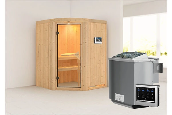 KARIBU Asmada Sauna, Naturbelassen, Fichte, 151 X 151 X 198 Cm, Eckeinstieg,SET Mit Ofen 4,5 KW Bio Ext. Strg. 3 KARIBU Asmada Sauna, Naturbelassen, Fichte, 151 X 151 X 198 Cm, Eckeinstieg,SET Mit Ofen 4,5 KW Bio Ext. Strg.
