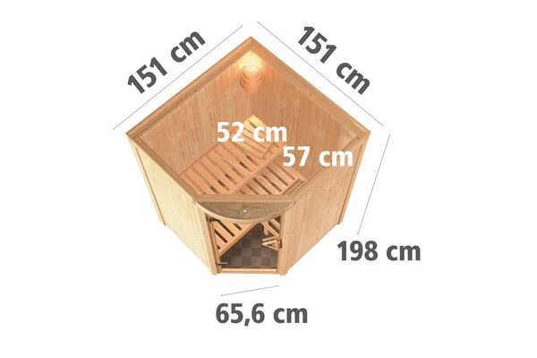 KARIBU Asmada Sauna, Naturbelassen, Fichte, 151 X 151 X 198 Cm, Eckeinstieg,SET Mit Ofen 4,5 KW Bio Ext. Strg. 7 KARIBU Asmada Sauna, Naturbelassen, Fichte, 151 X 151 X 198 Cm, Eckeinstieg,SET Mit Ofen 4,5 KW Bio Ext. Strg. – Bild 5