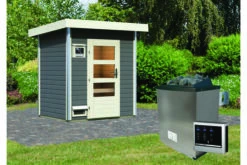 KARIBU Jorgen Saunahaus, Terragrau, Fichte, 196 X 146 X 190 Cm, Fronteinstieg, Mit Moderner Tür SET Mit Ofen 9 KW Ext. Strg. Modern -Kettler Verkaufs-Shop 30936 2 03.jpg
