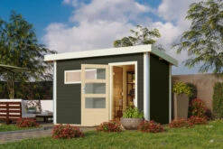 KARIBU Skrollan 1 Saunahaus, Terragrau, Fichte, 336 X 196 X 195 Cm, Fronteinstieg, Mit Moderner Tür SET Mit Fenster, Ofen 9 KW Bio Ext. Strg. Easy