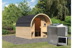 KARIBU Fasshaus 2 Saunahaus, Naturbelassen, Fichte, 219 X 295 X 218,5 Cm, Fronteinstieg, SET Mit Ofen 9 KW Bio Ext. Strg.