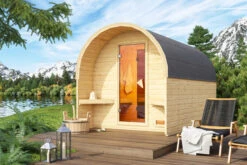 KARIBU Fasshaus 3 Saunahaus, Naturbelassen, Fichte, 219 X 385 X 218,5 Cm, Fronteinstieg, SET Mit Ofen 9 KW Bio Ext. Strg.