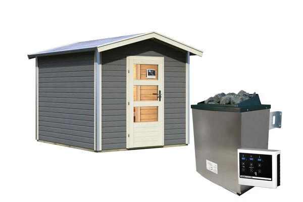 KARIBU Bosse 1 Saunahaus, Terragrau, Fichte, 231x273x235 Cm, Mit Vorraum, Fronteinstieg Und 9 KW Ofen 5 KARIBU Bosse 1 Saunahaus, Terragrau, Fichte, 231x273x235 Cm, Mit Vorraum, Fronteinstieg Und 9 KW Ofen – Bild 3